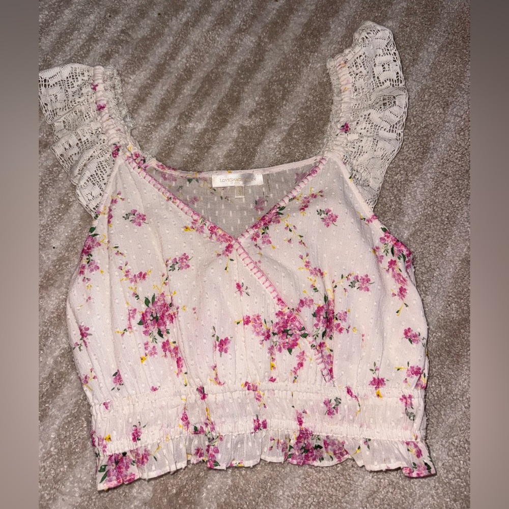 LoveShackFancy White Floral Lace-Trim Camisole with Pink & Yellow Blooms